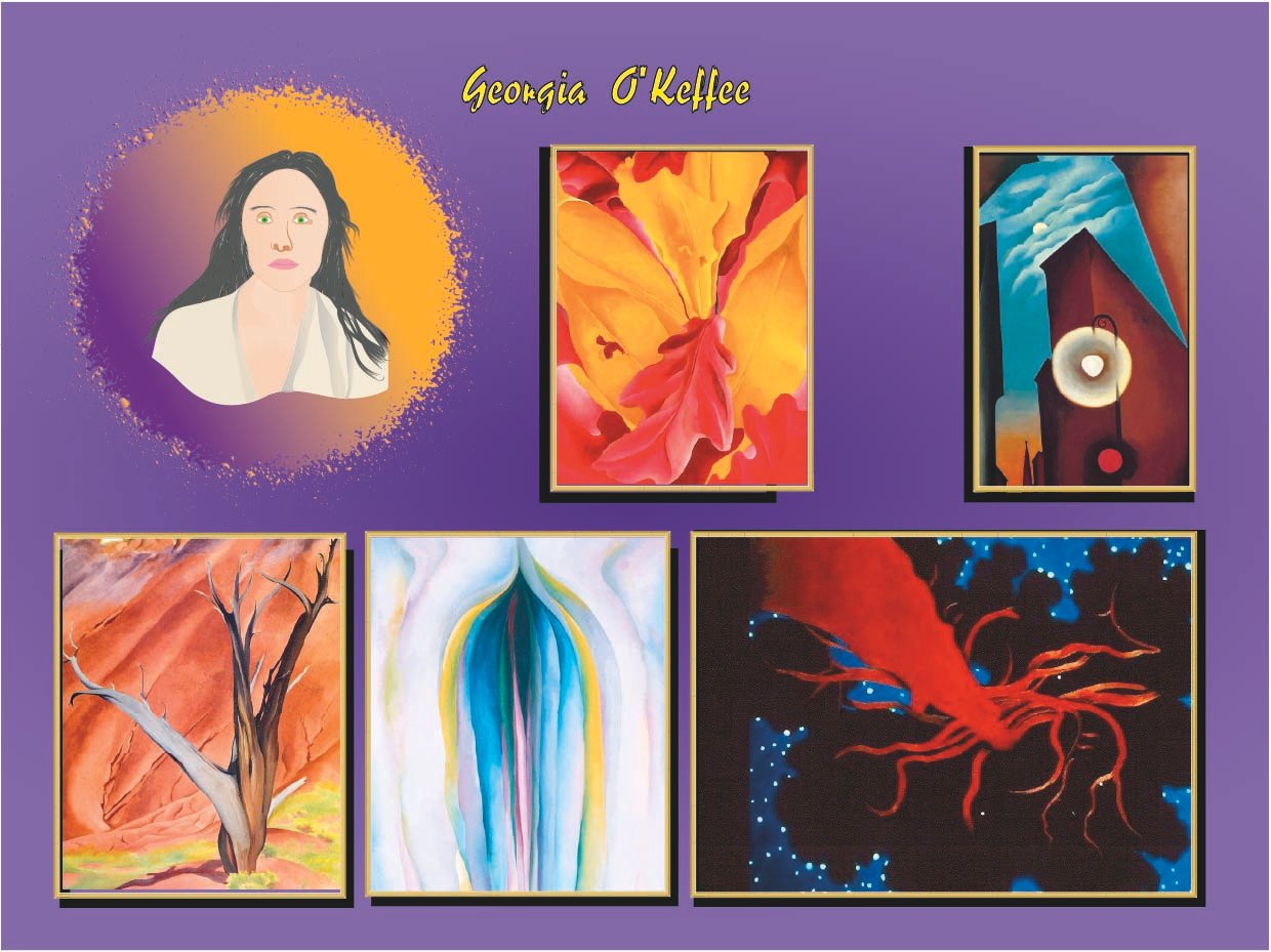 Retrato ilustrado de Georgia O'Keeffe, pintora modernista estadounidense
