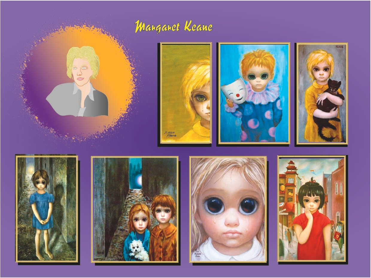 Retrato ilustrado de Margaret Keane, pintora del surrealismo pop