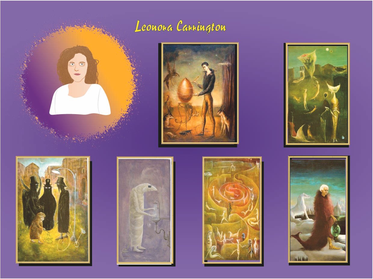Retrato ilustrado de Leonora Carrington, pintora surrealista británico-mexicana